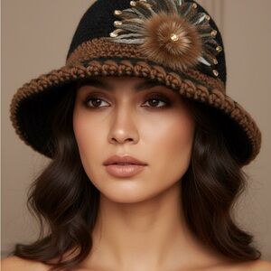 Elegant Black and Brown Knit Hat with Feather Accent